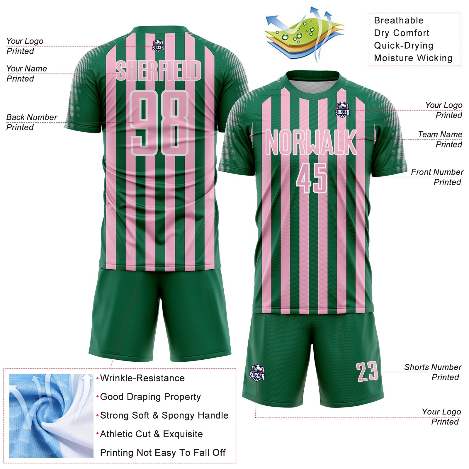 Custom Kelly Green Light Pink-White Stripe Sports Sublimation Soccer Uniform Jersey view 4
