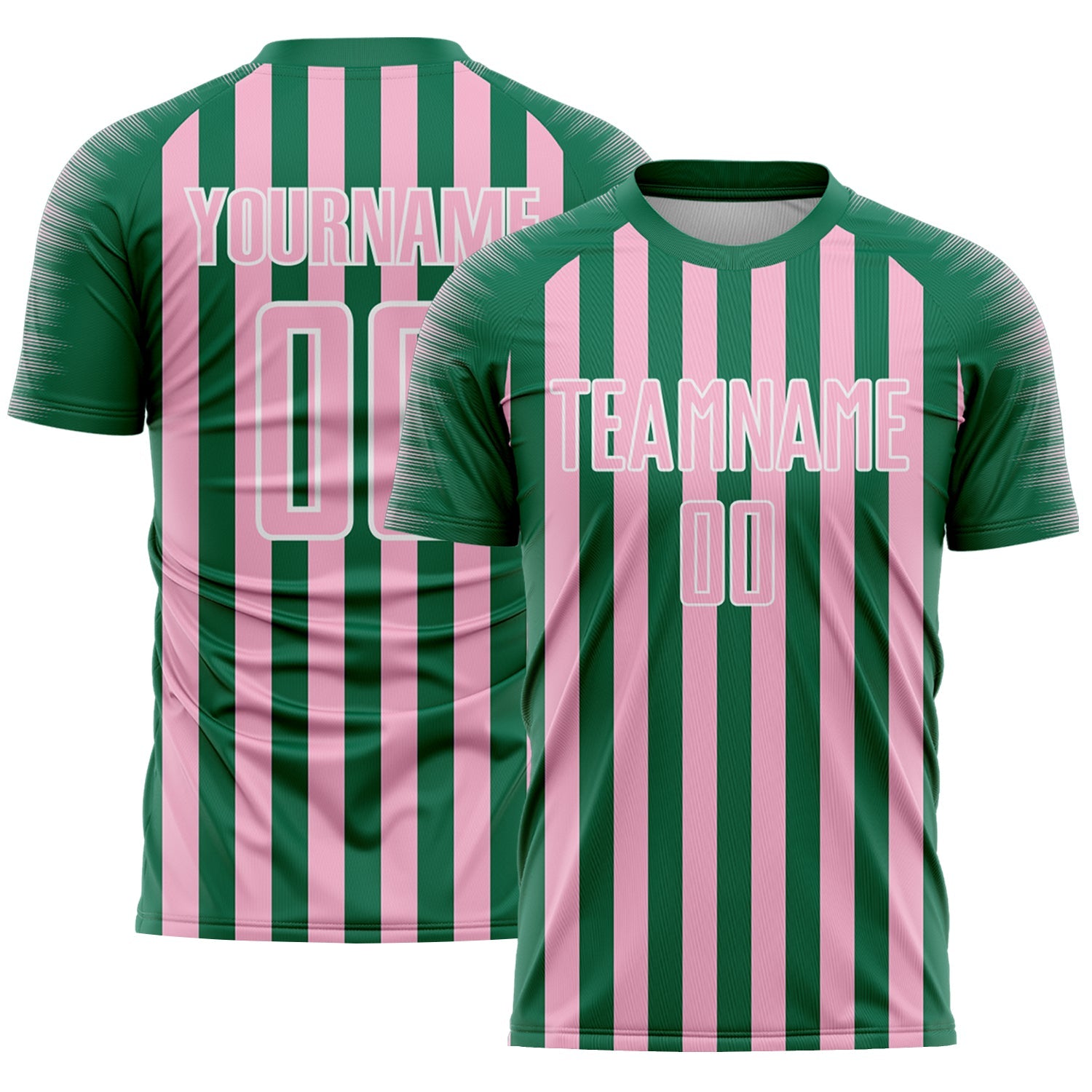 Custom Kelly Green Light Pink-White Stripe Sports Sublimation Soccer Uniform Jersey - Main View