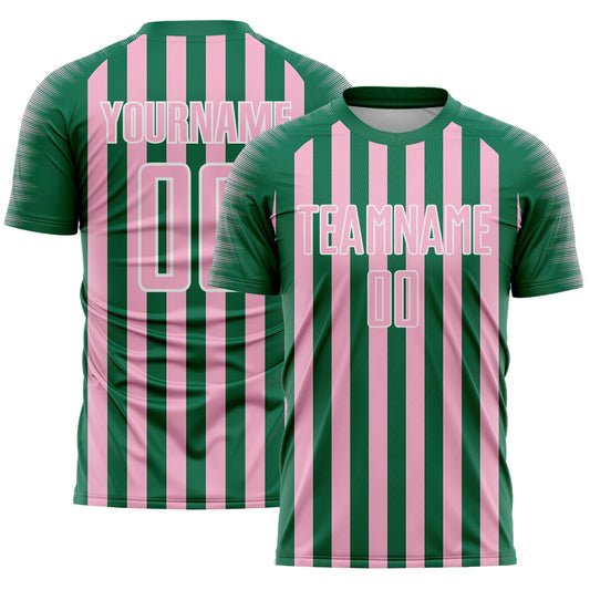 Custom Kelly Green Light Pink-White Stripe Sports Sublimation Soccer Uniform Jersey - Main View