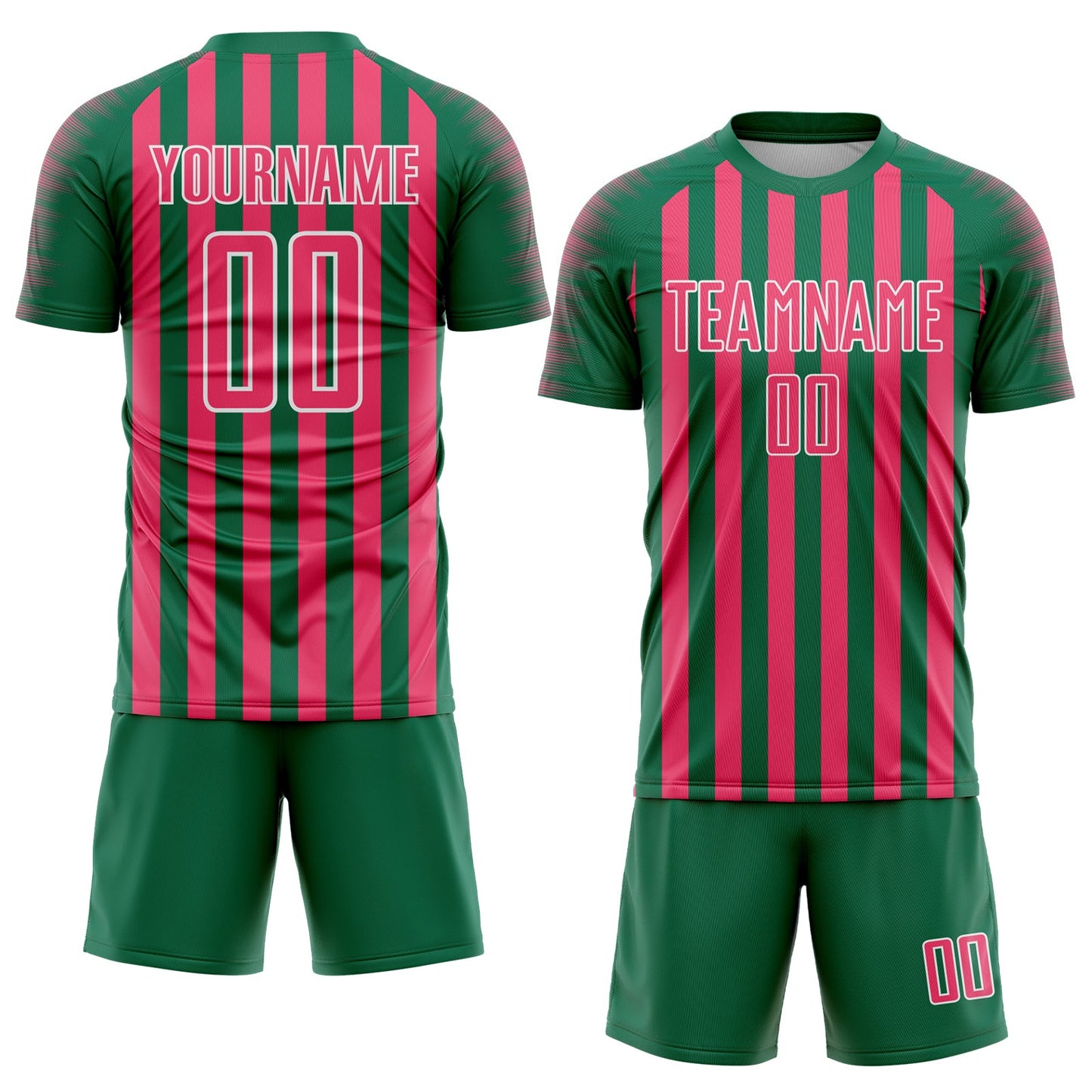 Custom Kelly Green Neon Pink-White Stripe Sports Sublimation Soccer Uniform Jersey view 2