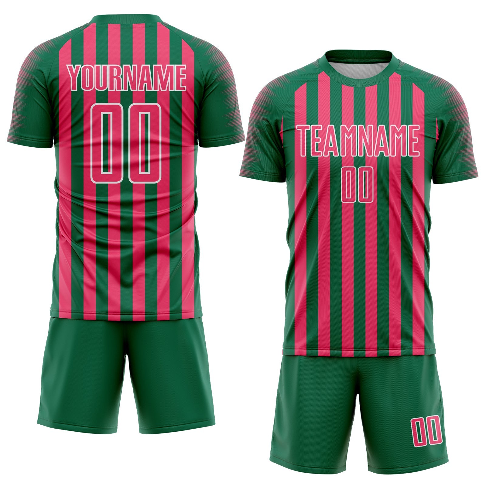 Custom Kelly Green Neon Pink-White Stripe Sports Sublimation Soccer Uniform Jersey view 2