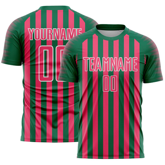 Custom Kelly Green Neon Pink-White Stripe Sports Sublimation Soccer Uniform Jersey - Main View