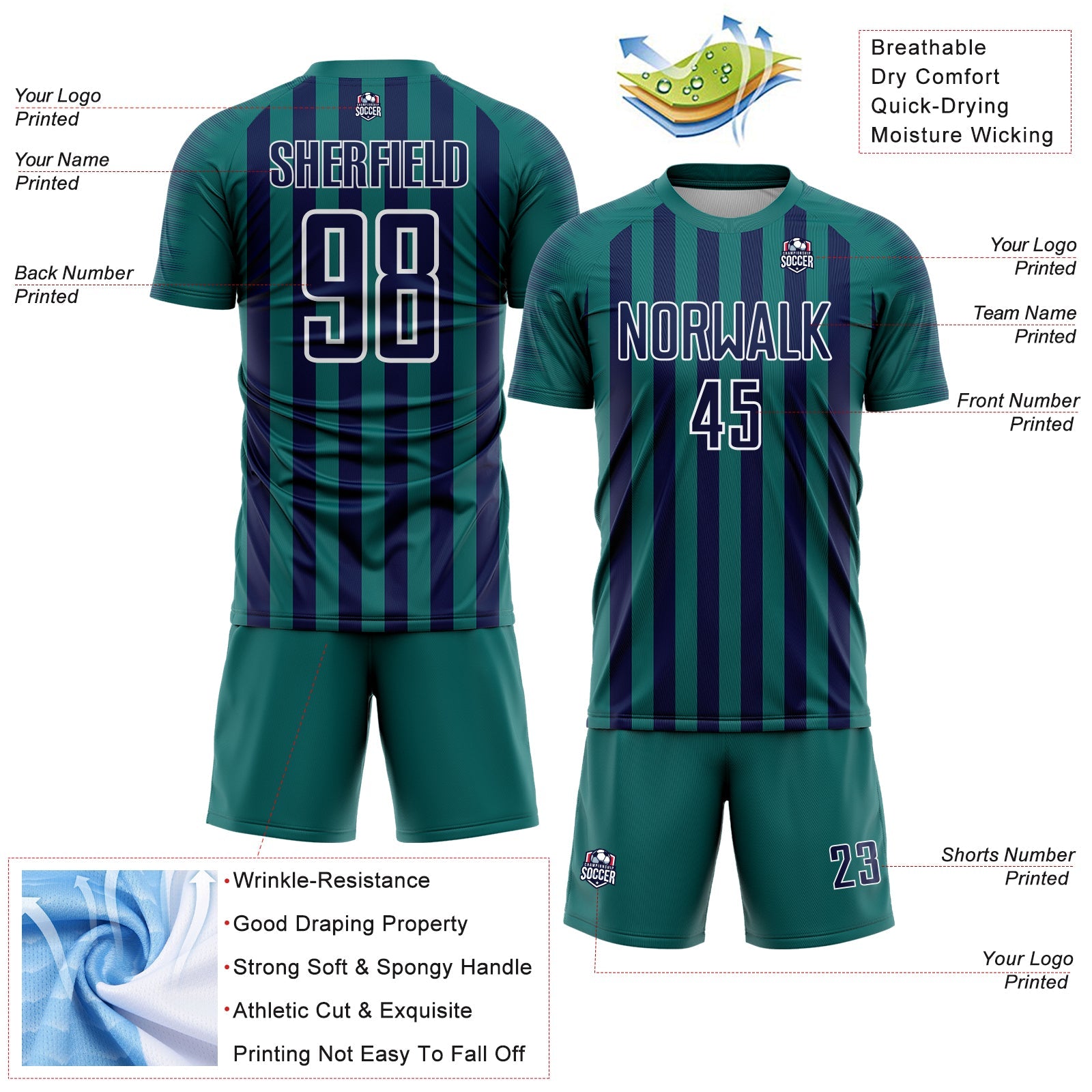 Custom Teal Navy-White Stripe Sports Sublimation Soccer Uniform Jersey view 4