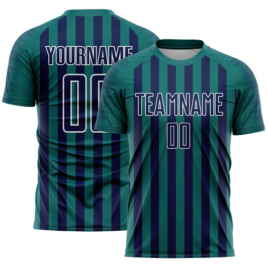Custom Teal Navy-White Stripe Sports Sublimation Soccer Uniform Jersey - Main View