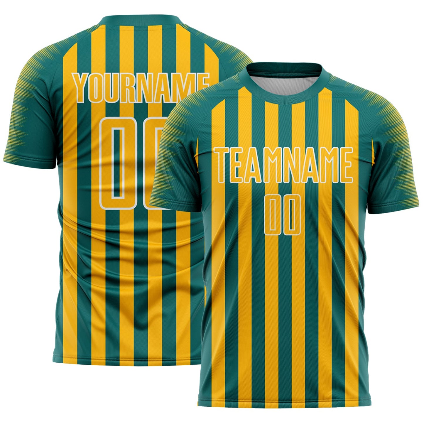 Custom Teal Gold-White Stripe Sports Sublimation Soccer Uniform Jersey - Main View