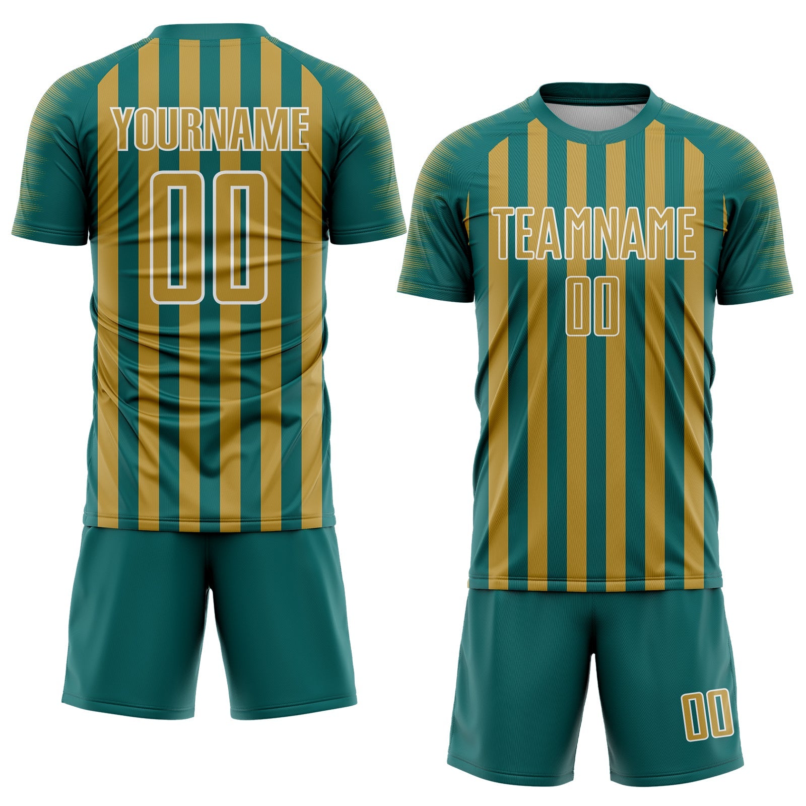 Custom Teal Old Gold-White Stripe Sports Sublimation Soccer Uniform Jersey view 2