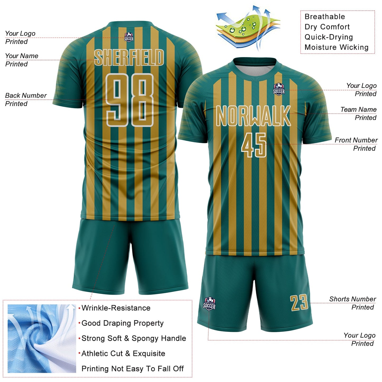 Custom Teal Old Gold-White Stripe Sports Sublimation Soccer Uniform Jersey view 4