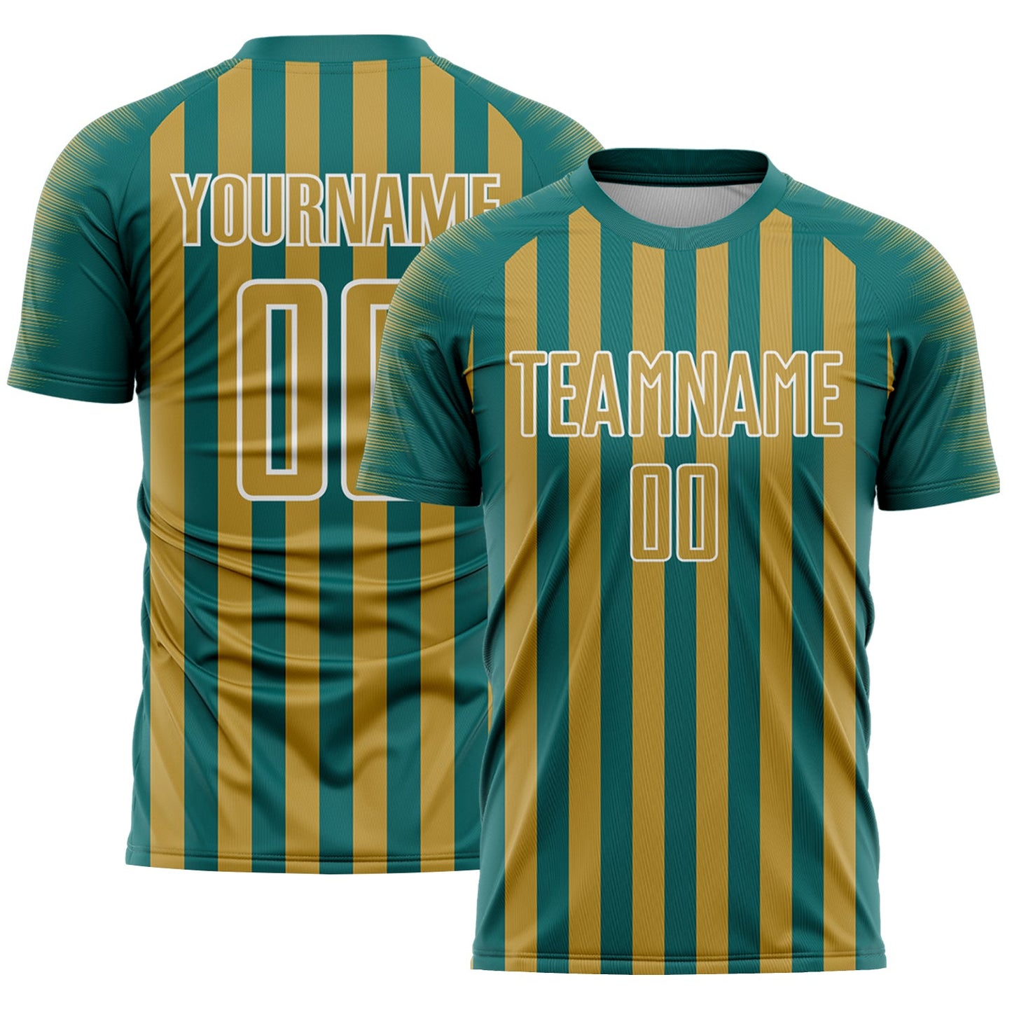 Custom Teal Old Gold-White Stripe Sports Sublimation Soccer Uniform Jersey - Main View