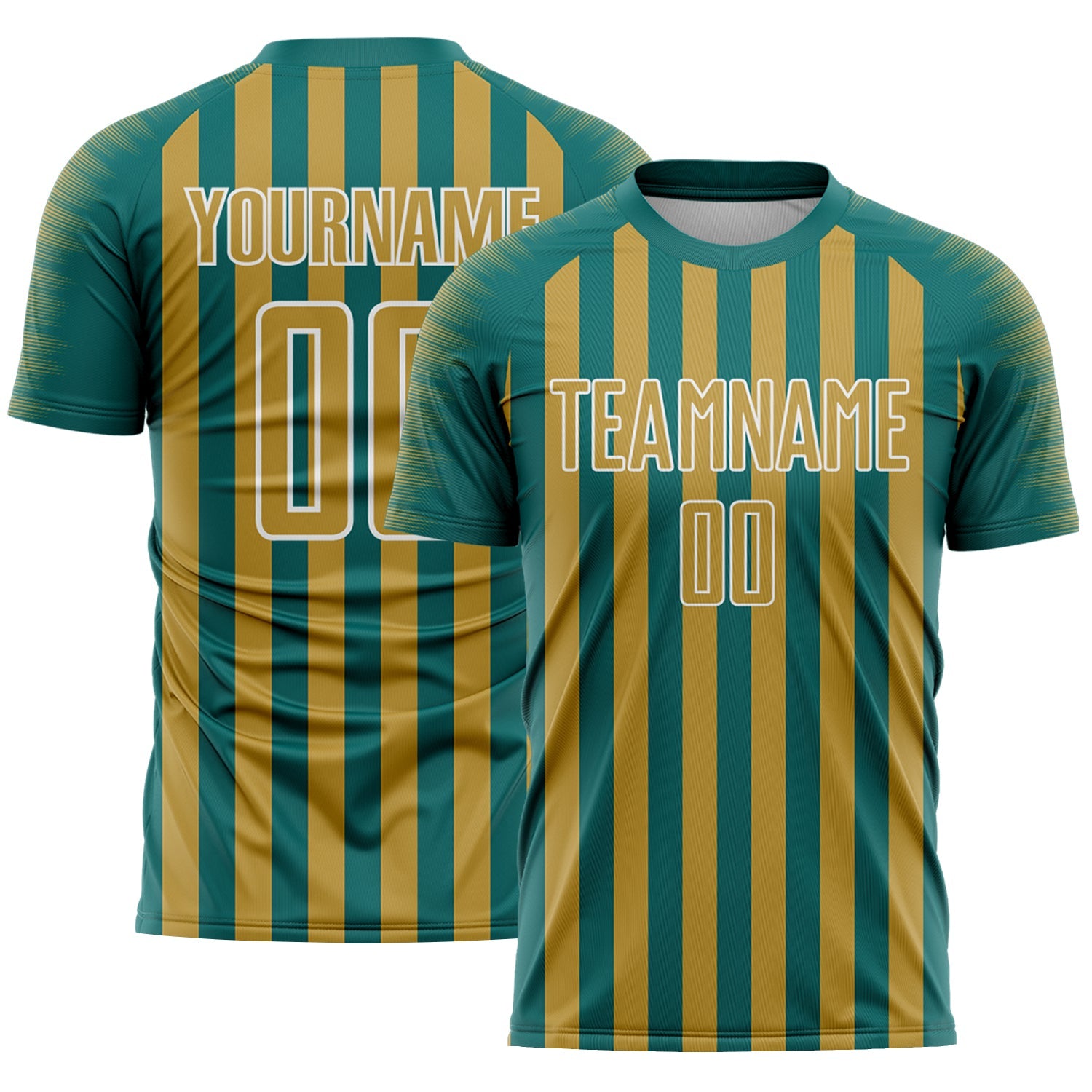 Custom Teal Old Gold-White Stripe Sports Sublimation Soccer Uniform Jersey - Main View