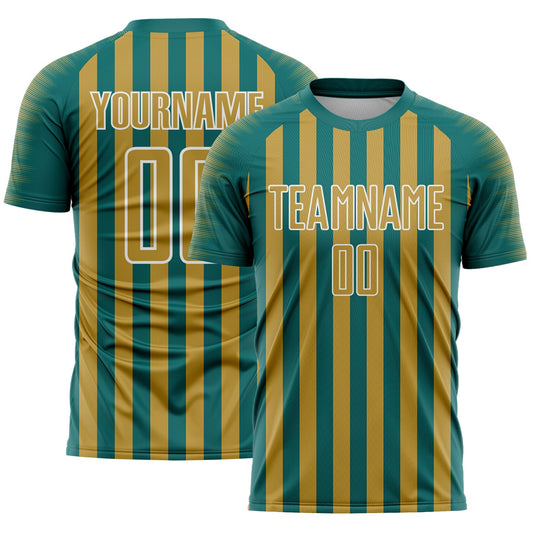 Custom Teal Old Gold-White Stripe Sports Sublimation Soccer Uniform Jersey - Main View