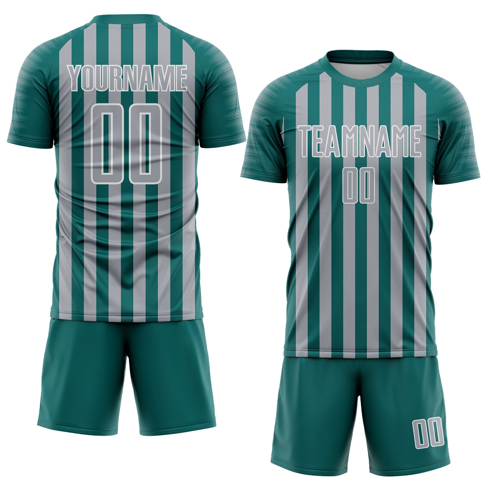 Custom Teal Gray-White Stripe Sports Sublimation Soccer Uniform Jersey view 2
