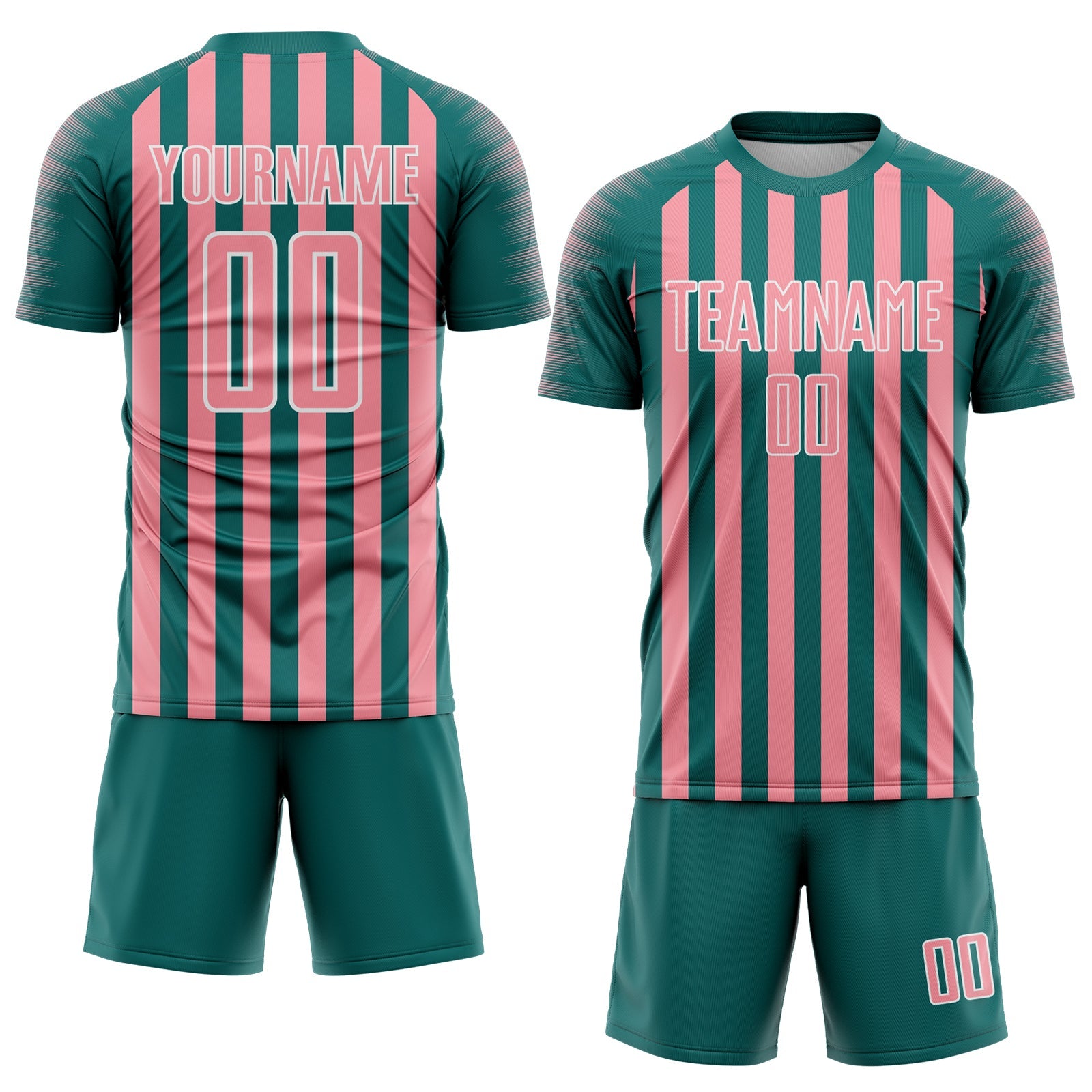 Custom Teal Medium Pink-White Stripe Sports Sublimation Soccer Uniform Jersey view 2
