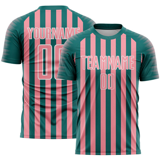 Custom Teal Medium Pink-White Stripe Sports Sublimation Soccer Uniform Jersey - Main View