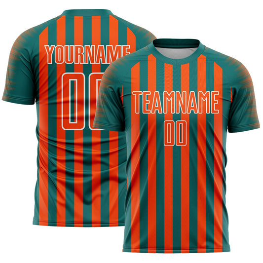 Custom Teal Orange-White Stripe Sports Sublimation Soccer Uniform Jersey - Main View