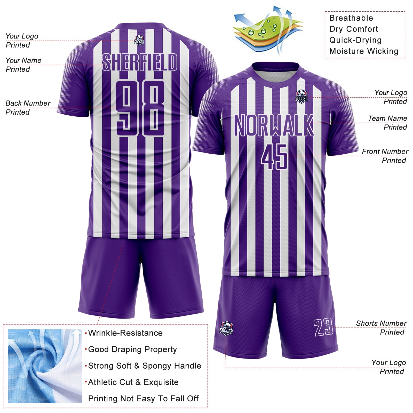Custom Purple White Stripe Sports Sublimation Soccer Uniform Jersey view 4