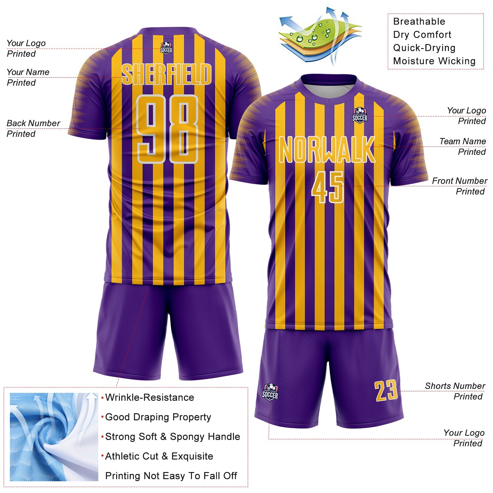 Custom Purple Gold-White Stripe Sports Sublimation Soccer Uniform Jersey view 4