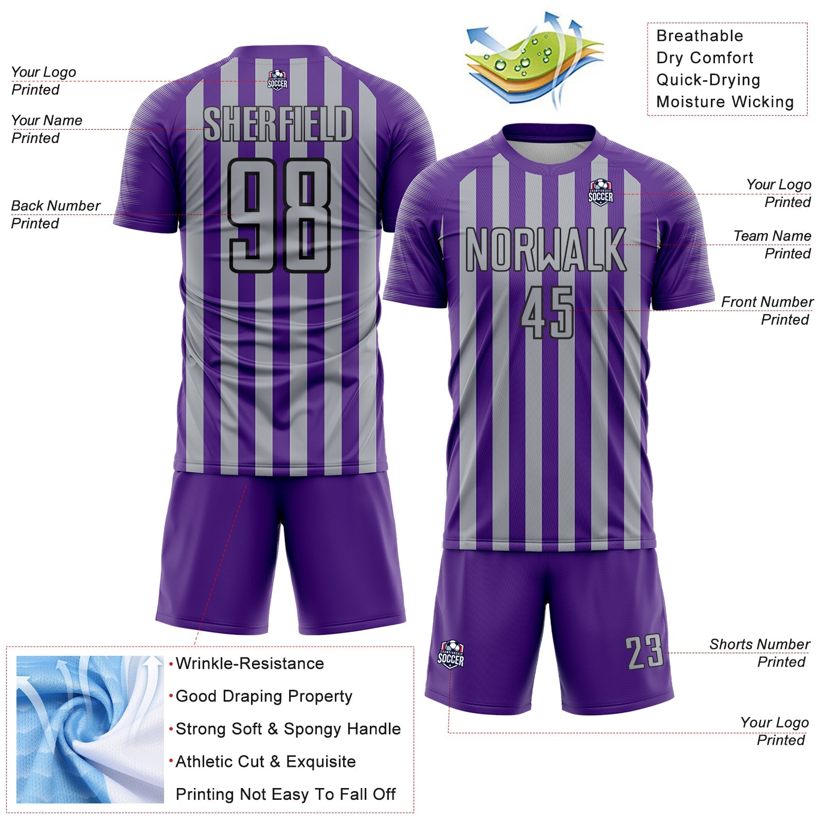 Custom Purple Gray-Black Stripe Sports Sublimation Soccer Uniform Jersey view 4