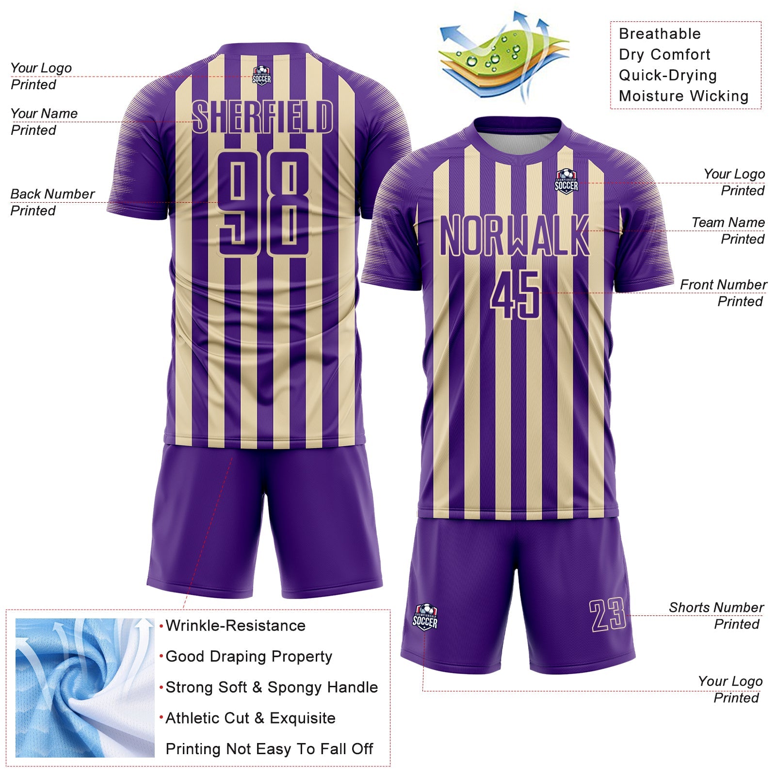 Custom Purple Cream Stripe Sports Sublimation Soccer Uniform Jersey view 4