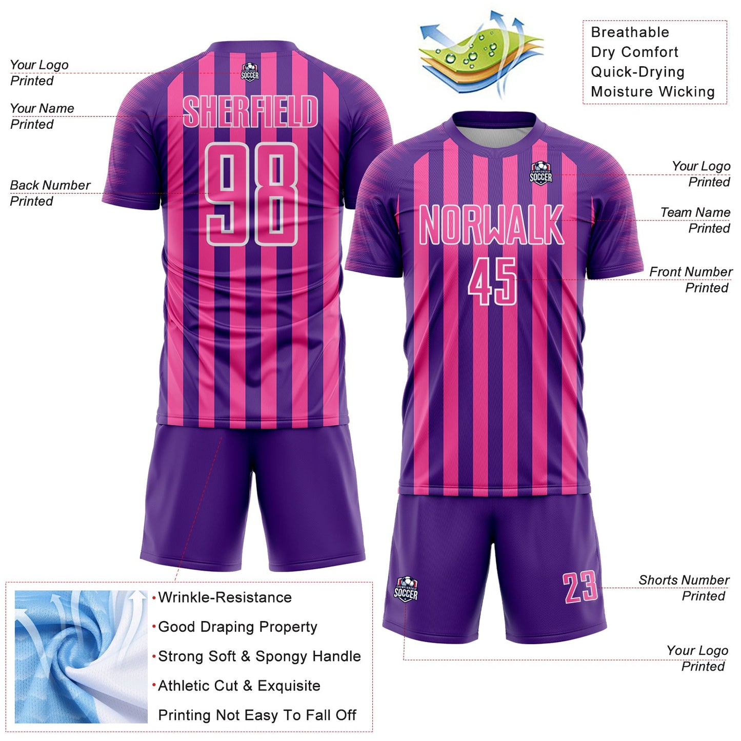 Custom Purple Pink-White Stripe Sports Sublimation Soccer Uniform Jersey view 4