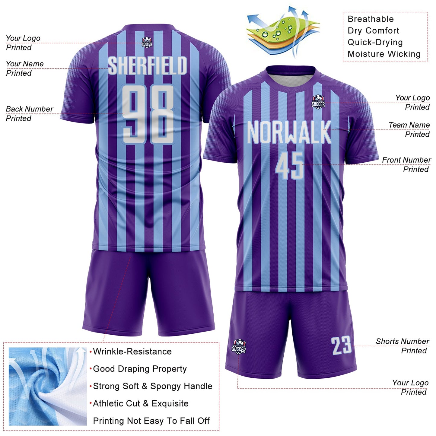 Custom Purple White-Light Blue Stripe Sports Sublimation Soccer Uniform Jersey view 4