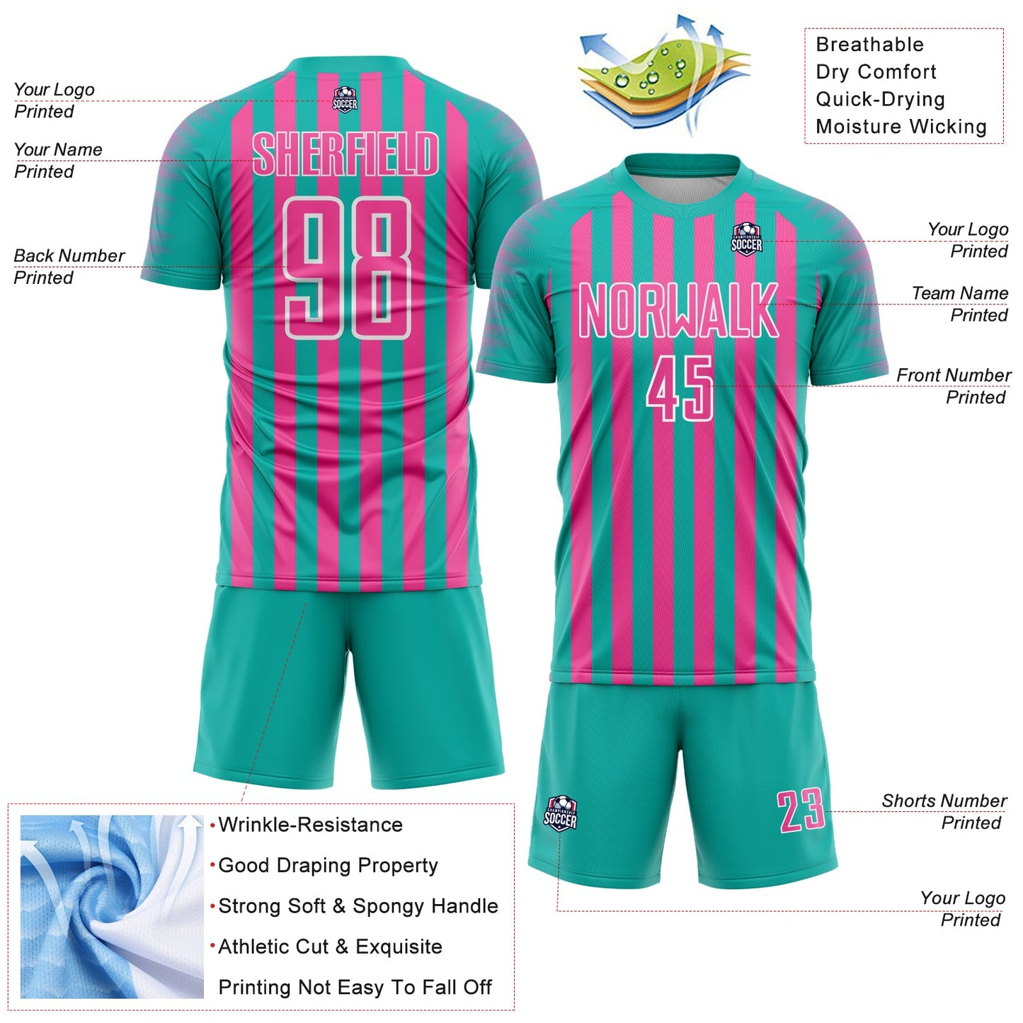 Custom Aqua Pink-White Stripe Sports Sublimation Soccer Uniform Jersey view 4