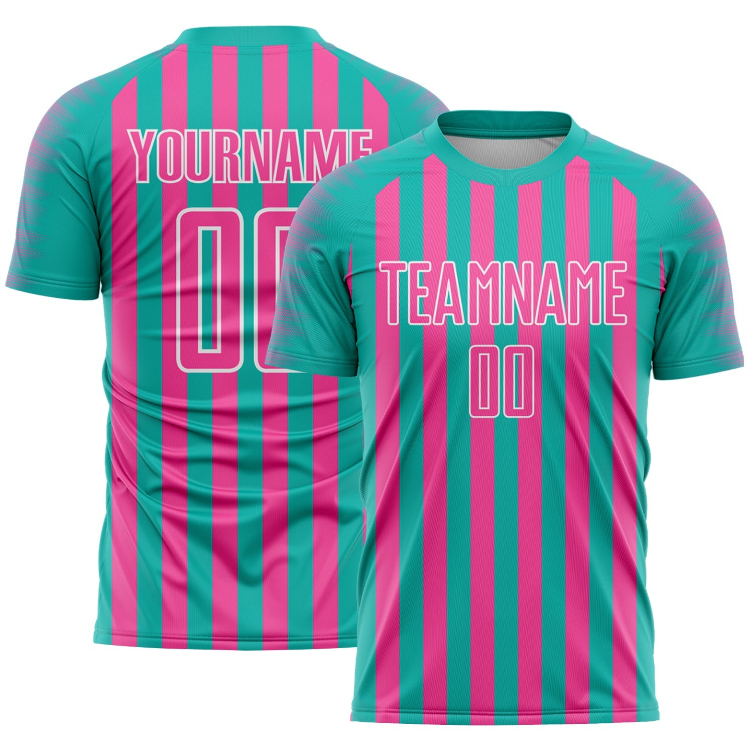 Custom Aqua Pink-White Stripe Sports Sublimation Soccer Uniform Jersey - Main View