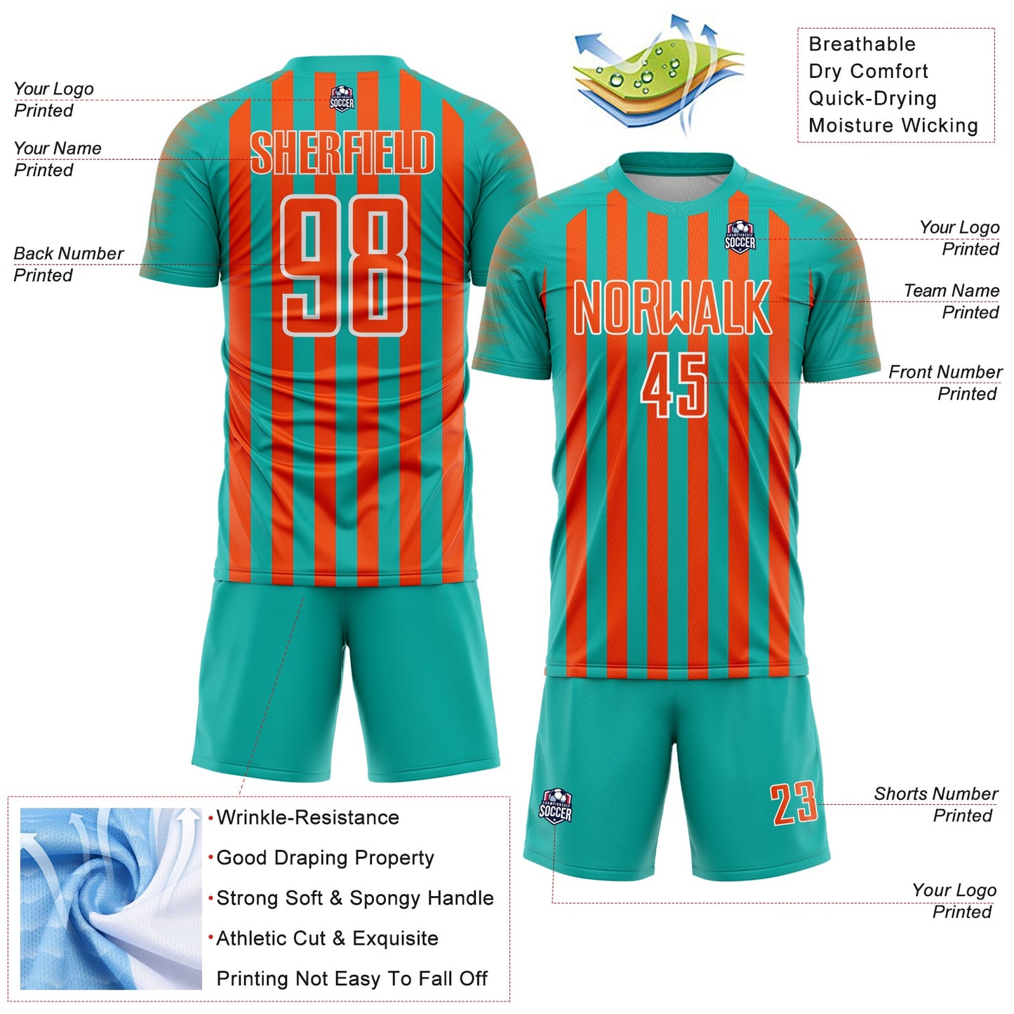Custom Aqua Orange-White Stripe Sports Sublimation Soccer Uniform Jersey view 4
