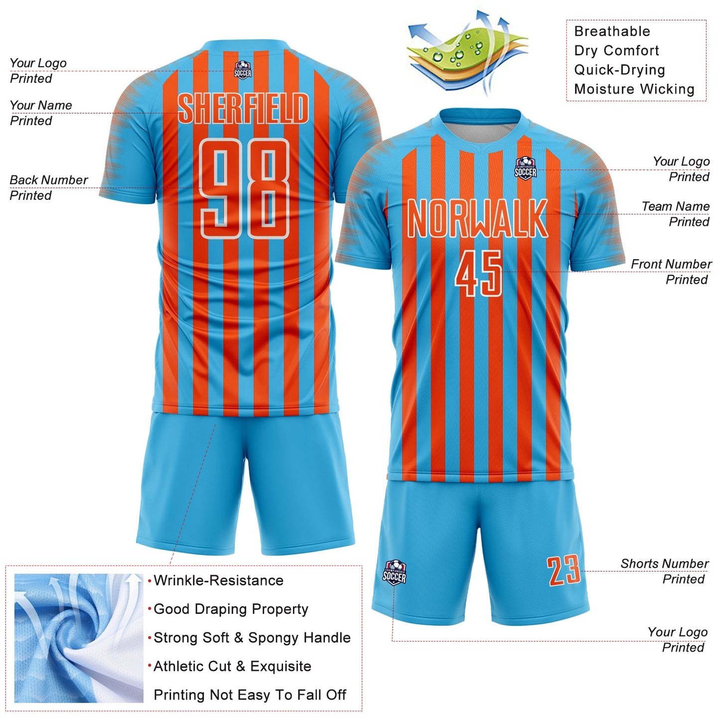 Custom Sky Blue Orange-White Stripe Sports Sublimation Soccer Uniform Jersey view 4