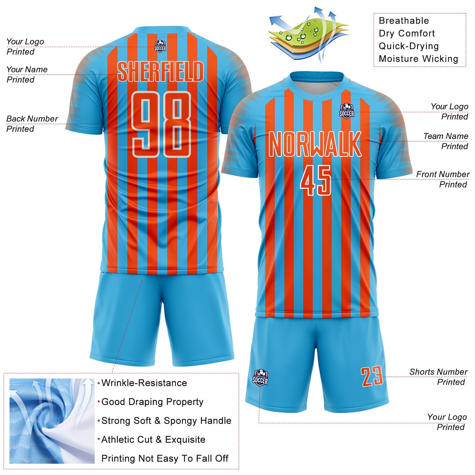 Custom Sky Blue Orange-White Stripe Sports Sublimation Soccer Uniform Jersey view 4