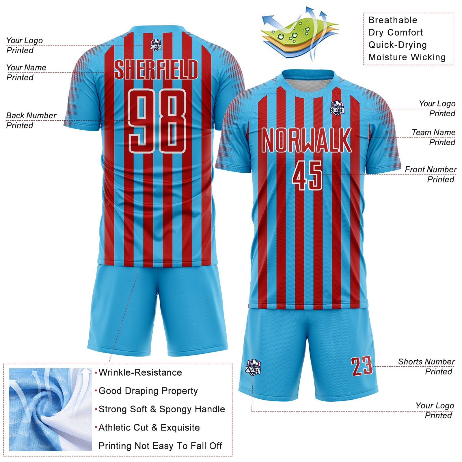 Custom Sky Blue Red-White Stripe Sports Sublimation Soccer Uniform Jersey view 4