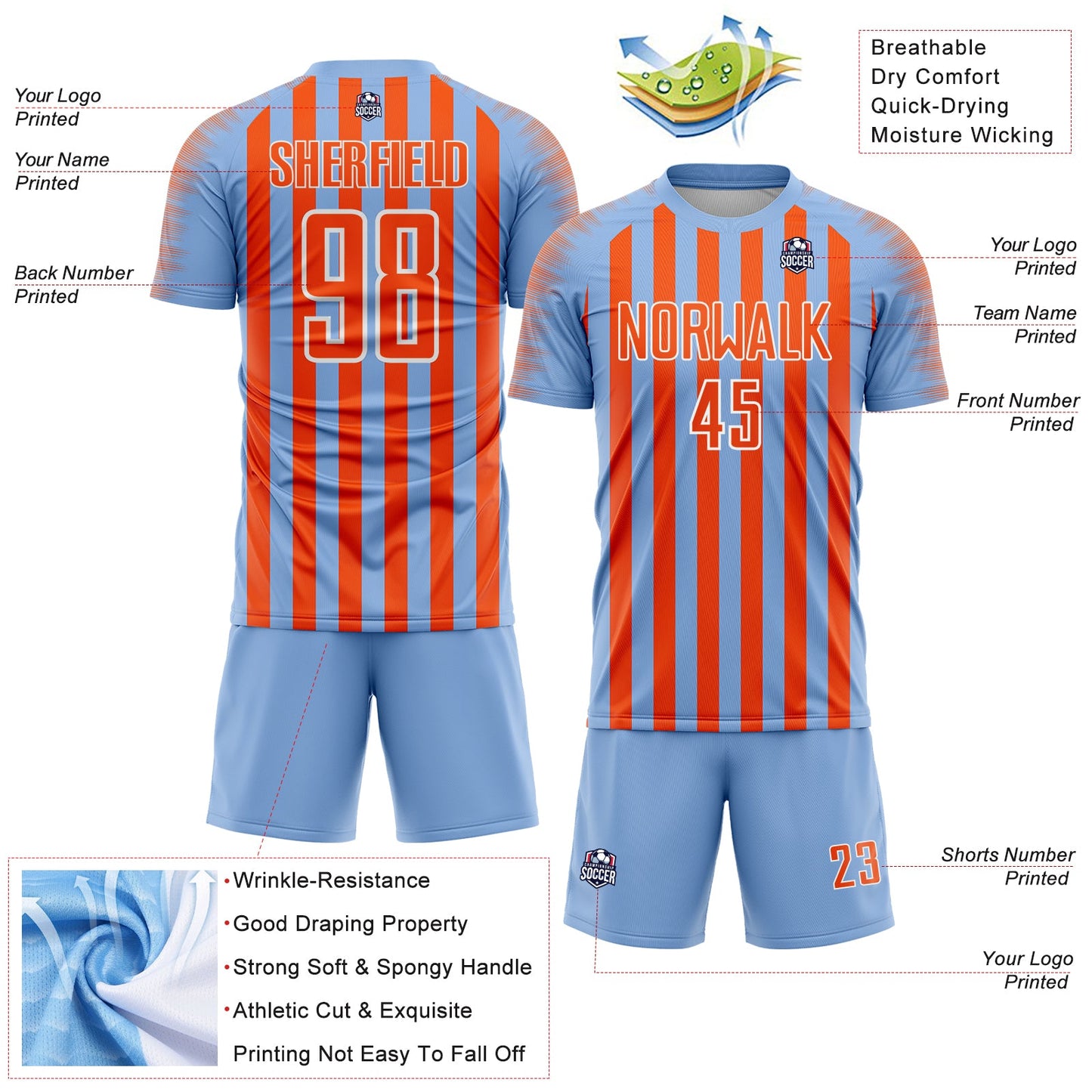 Custom Light Blue Orange-White Stripe Sports Sublimation Soccer Uniform Jersey view 4
