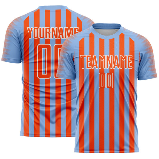 Custom Light Blue Orange-White Stripe Sports Sublimation Soccer Uniform Jersey - Main View