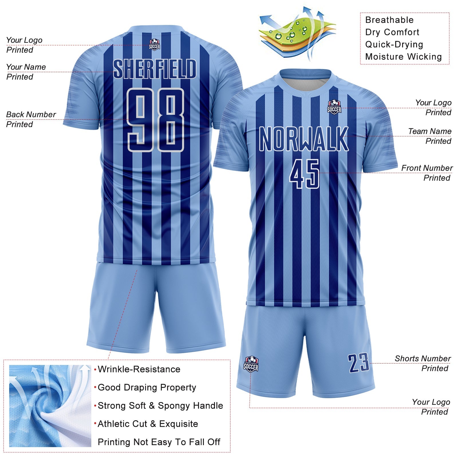 Custom Light Blue Royal-White Stripe Sports Sublimation Soccer Uniform Jersey view 4