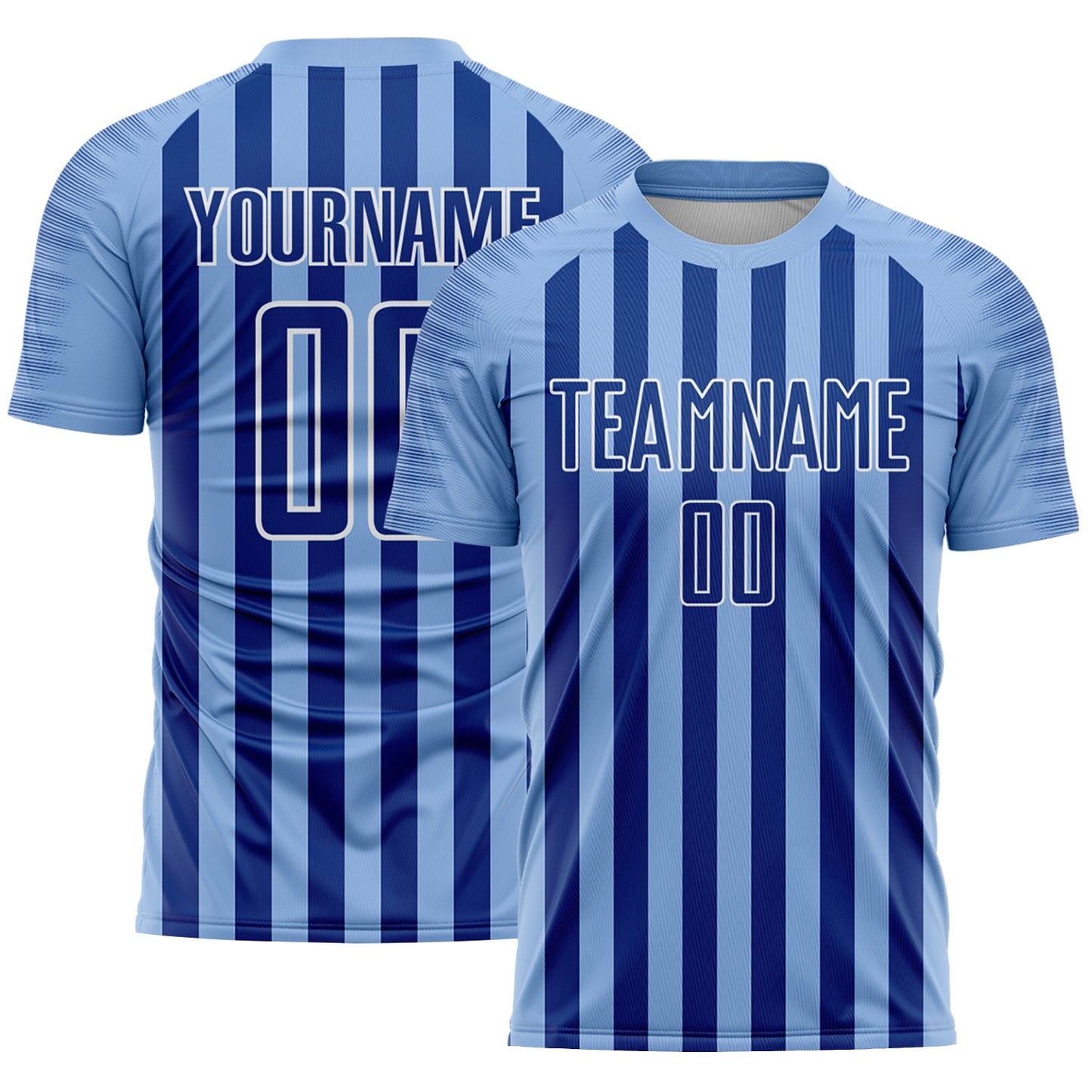Custom Light Blue Royal-White Stripe Sports Sublimation Soccer Uniform Jersey - Main View