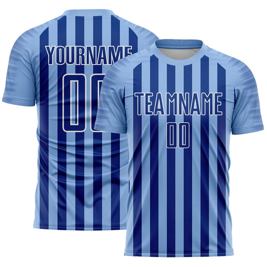 Custom Light Blue Royal-White Stripe Sports Sublimation Soccer Uniform Jersey - Main View