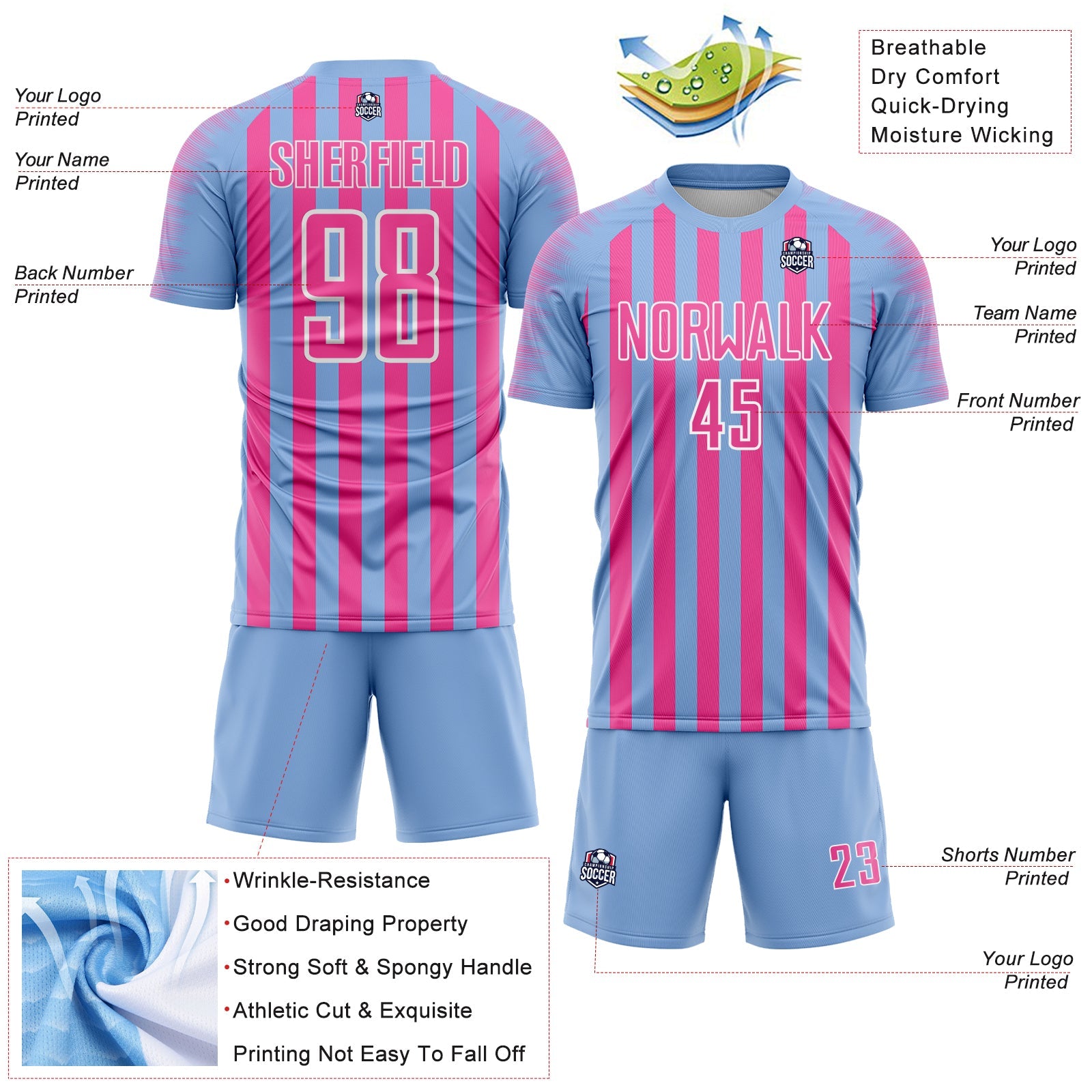 Custom Light Blue Pink-White Stripe Sports Sublimation Soccer Uniform Jersey view 4