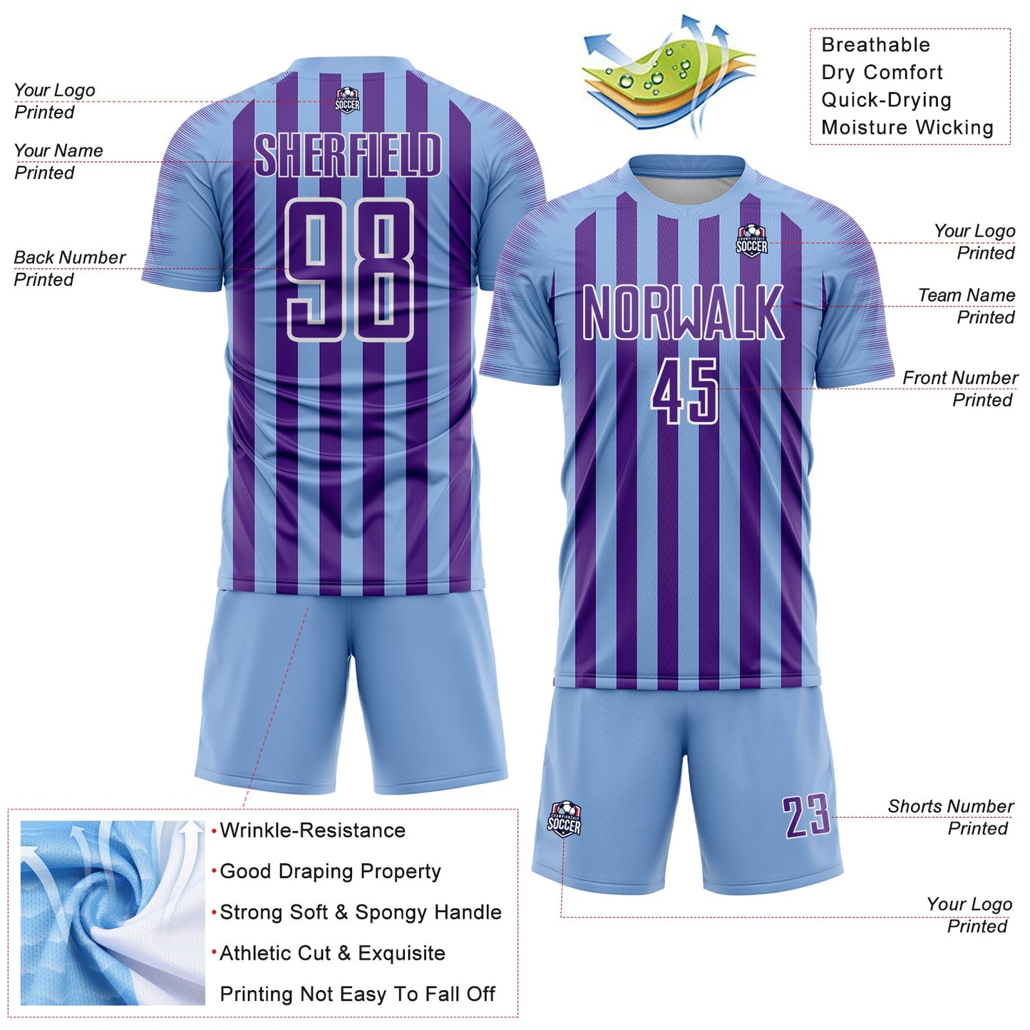 Custom Light Blue Purple-White Stripe Sports Sublimation Soccer Uniform Jersey view 4
