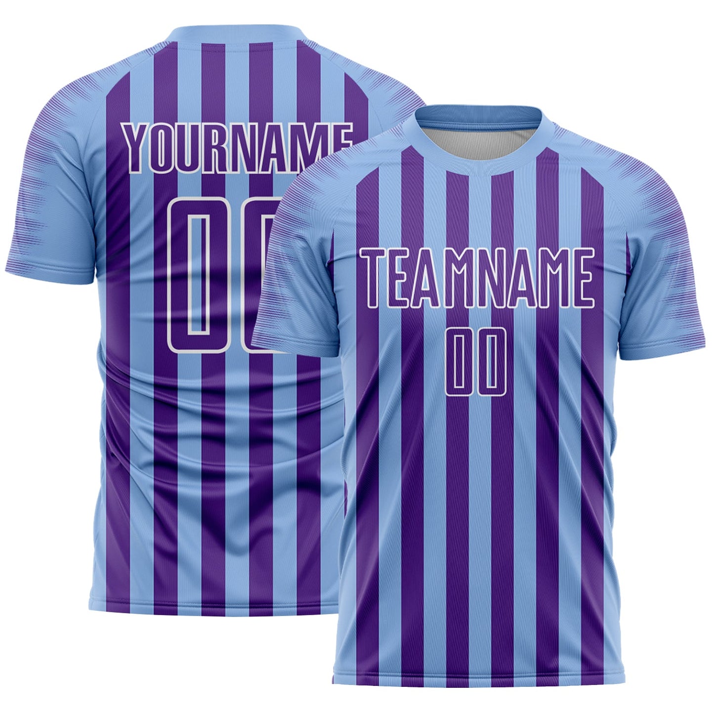 Custom Light Blue Purple-White Stripe Sports Sublimation Soccer Uniform Jersey - Main View