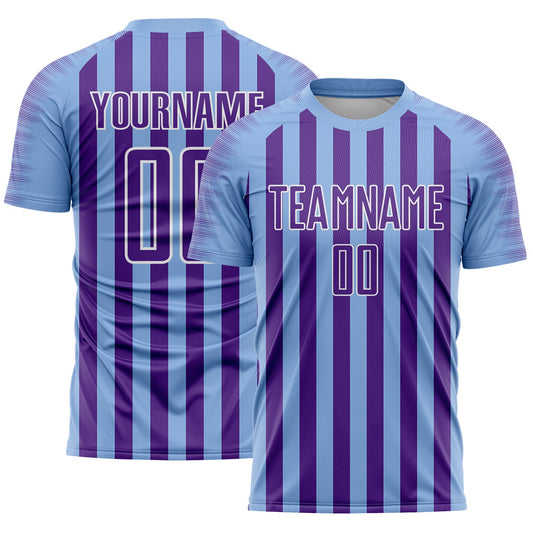 Custom Light Blue Purple-White Stripe Sports Sublimation Soccer Uniform Jersey - Main View