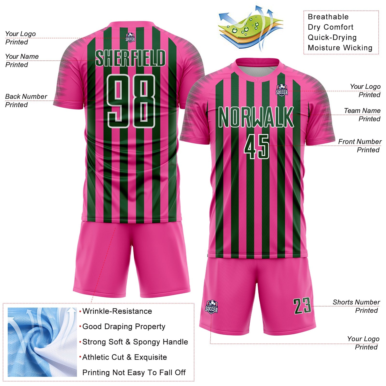 Custom Pink Green-White Stripe Sports Sublimation Soccer Uniform Jersey view 4