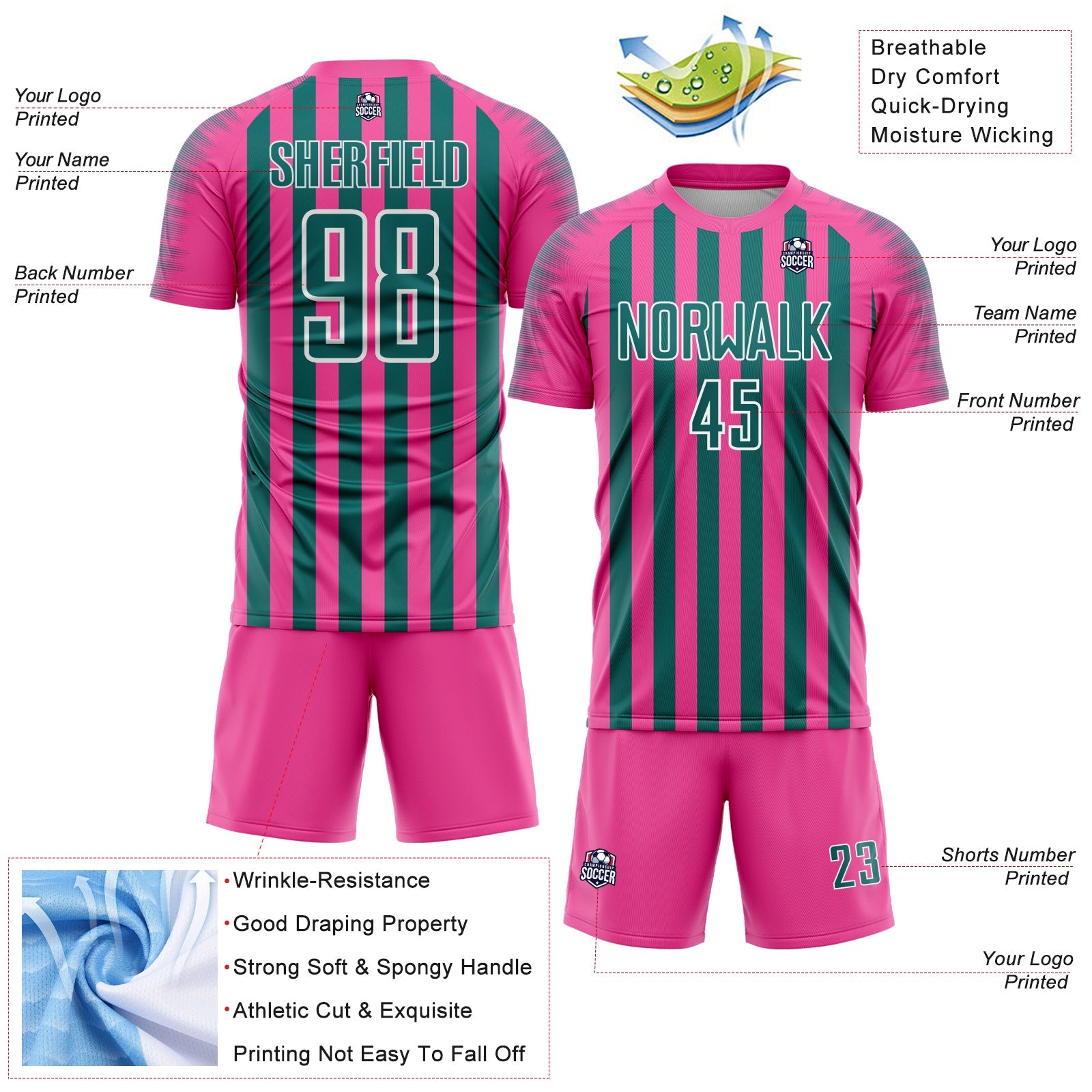Custom Pink Teal-White Stripe Sports Sublimation Soccer Uniform Jersey view 4