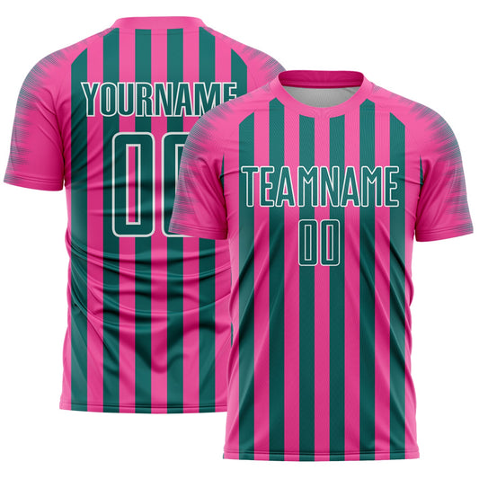 Custom Pink Teal-White Stripe Sports Sublimation Soccer Uniform Jersey - Main View