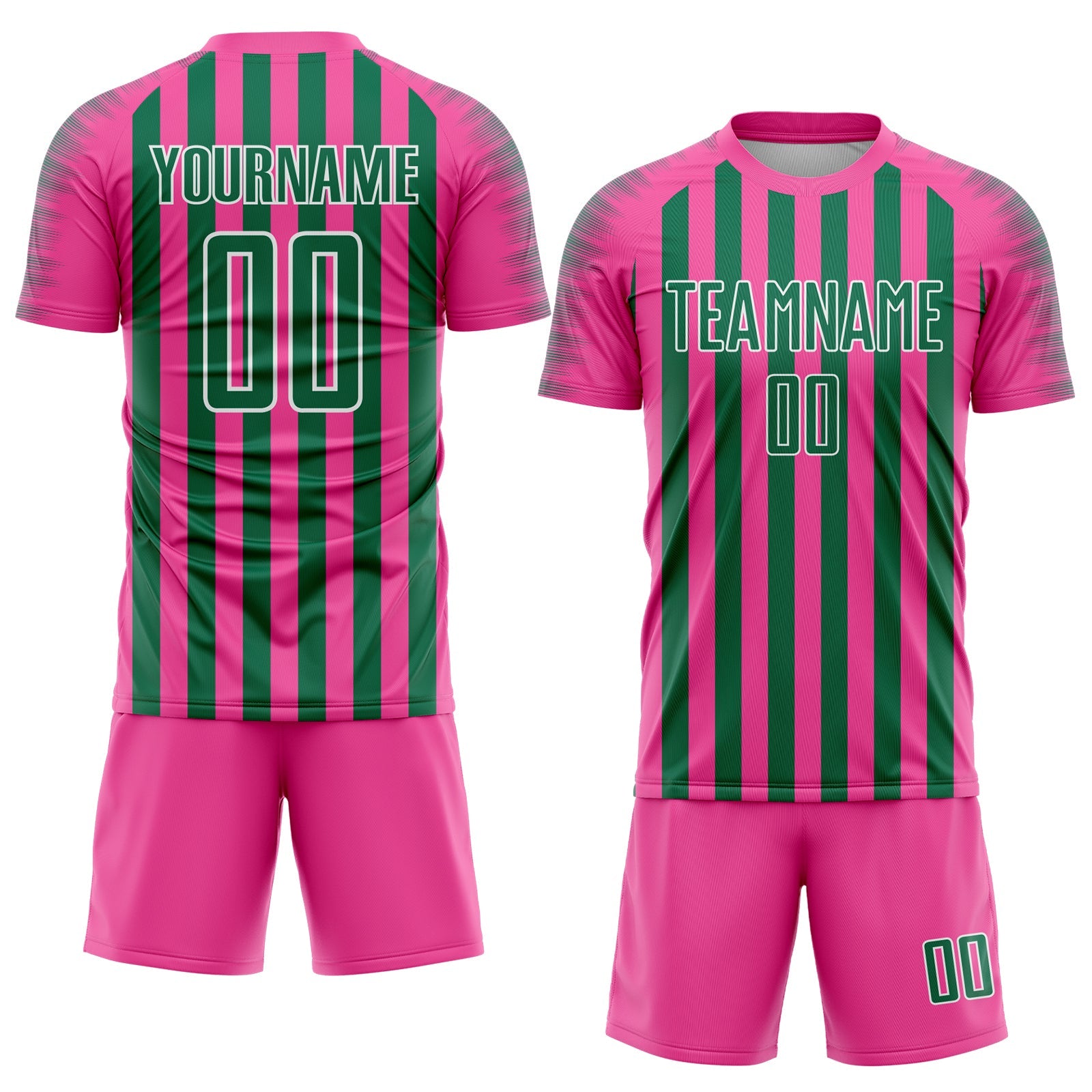 Custom Pink Kelly Green-White Stripe Sports Sublimation Soccer Uniform Jersey view 2