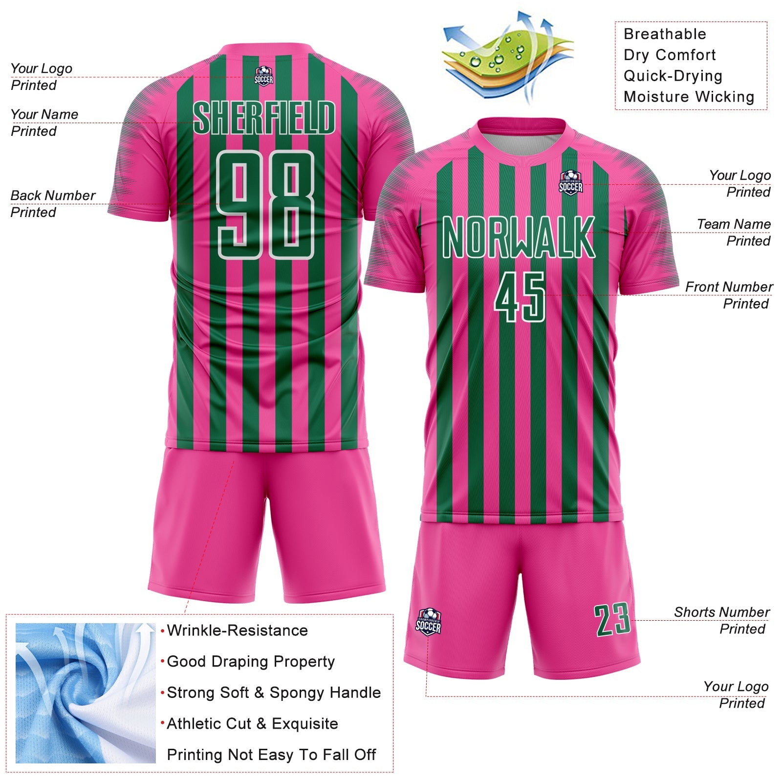 Custom Pink Kelly Green-White Stripe Sports Sublimation Soccer Uniform Jersey view 4