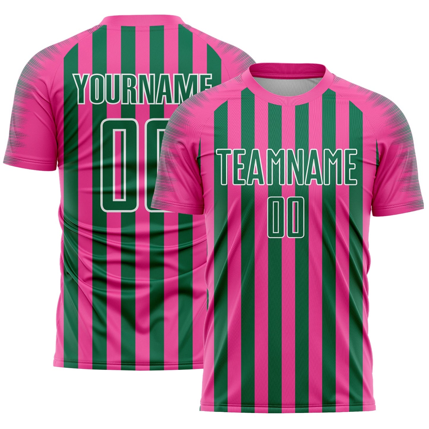 Custom Pink Kelly Green-White Stripe Sports Sublimation Soccer Uniform Jersey - Main View
