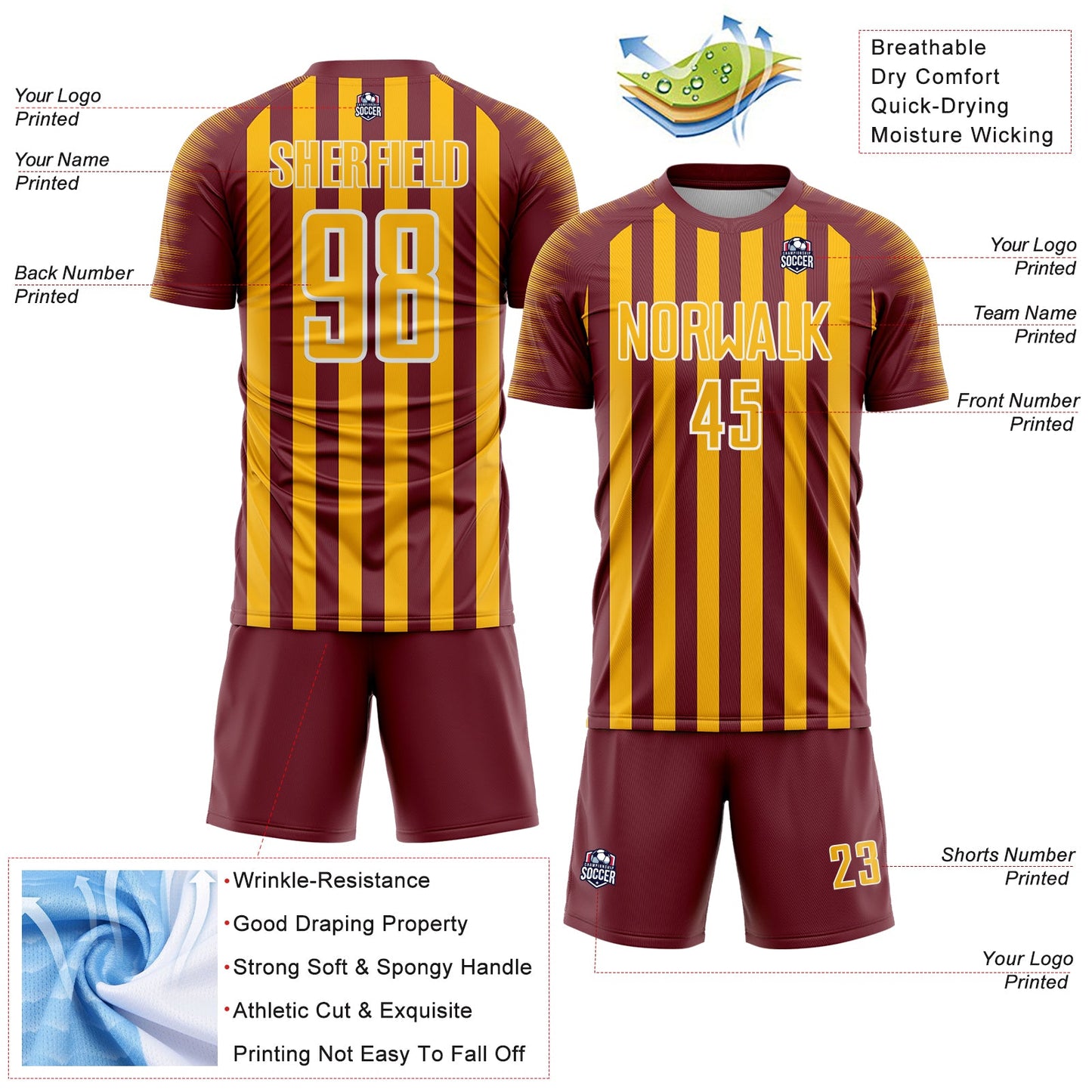 Custom Burgundy Gold-White Stripe Sports Sublimation Soccer Uniform Jersey view 4