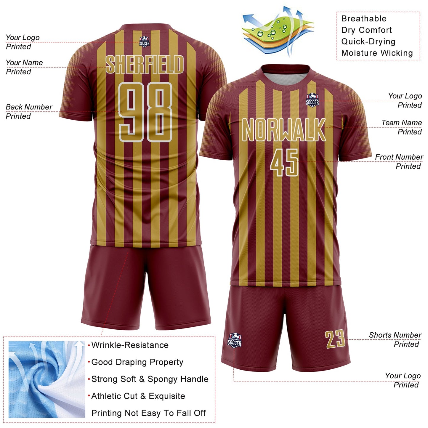 Custom Burgundy Old Gold-White Stripe Sports Sublimation Soccer Uniform Jersey view 4