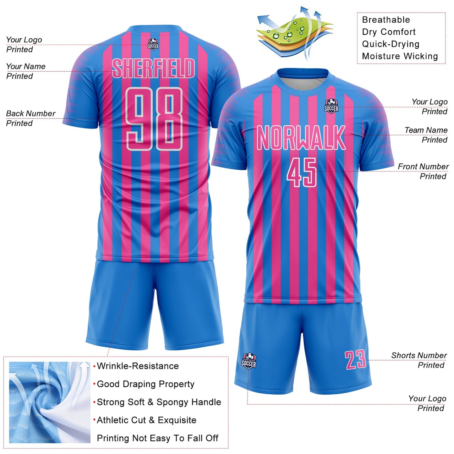 Custom Powder Blue Pink-White Stripe Sports Sublimation Soccer Uniform Jersey view 4