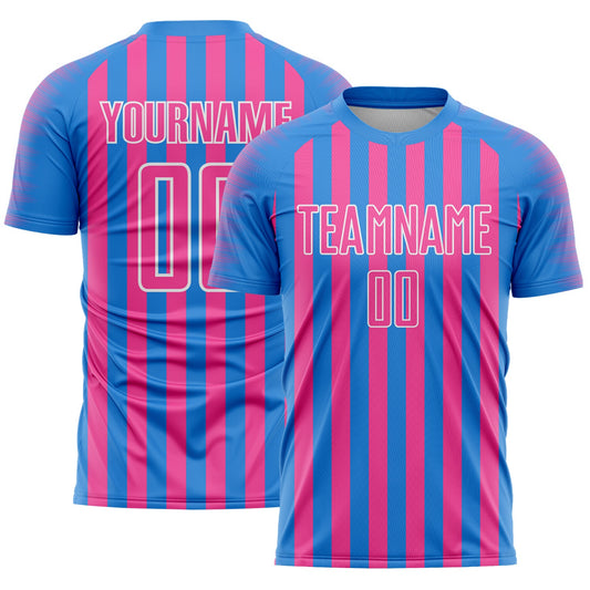 Custom Powder Blue Pink-White Stripe Sports Sublimation Soccer Uniform Jersey - Main View