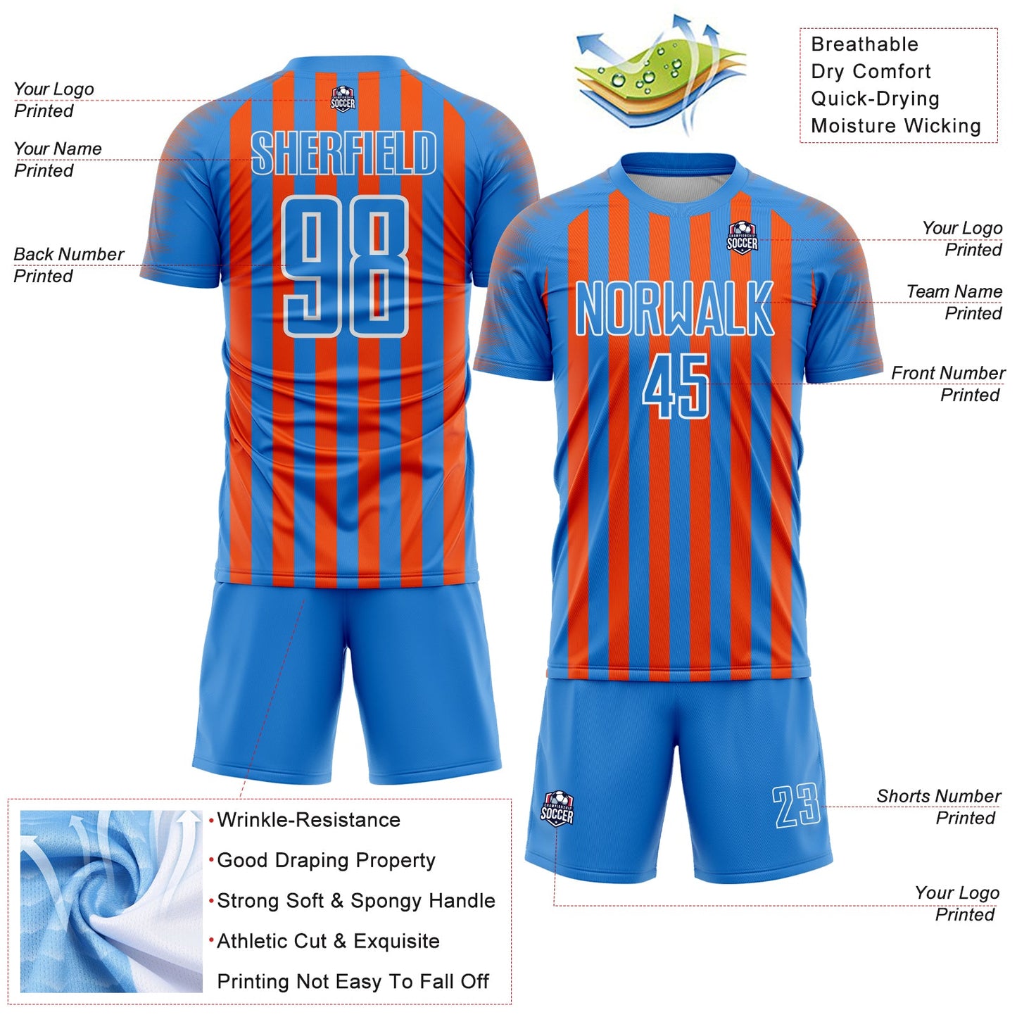 Custom Powder Blue Orange-White Stripe Sports Sublimation Soccer Uniform Jersey view 4
